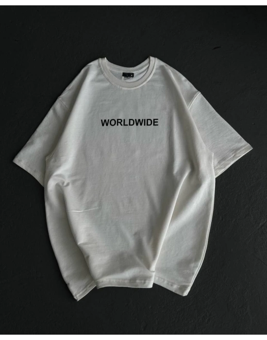 Bisiklet Yaka Baskılı Oversize T-Shirt - Beyaz -