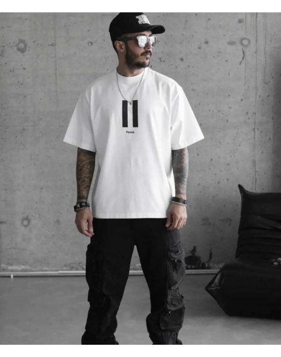 Bisiklet Yaka Baskılı Oversize T-Shirt - Beyaz -