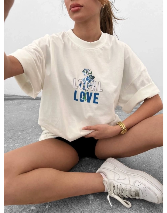 Bisiklet Yaka Baskılı Oversize T-Shirt - Beyaz -