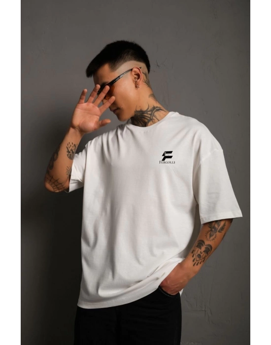 Bisiklet Yaka Baskılı Oversize T-Shirt - Beyaz -