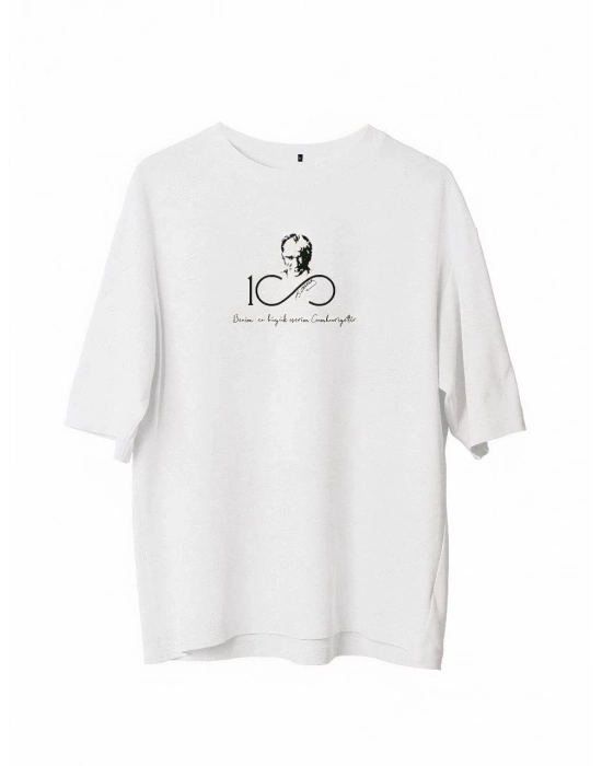 Bisiklet Yaka Baskılı Oversize T-Shirt - Beyaz -