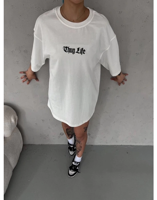 Bisiklet Yaka Baskılı Oversize T-Shirt - Beyaz -