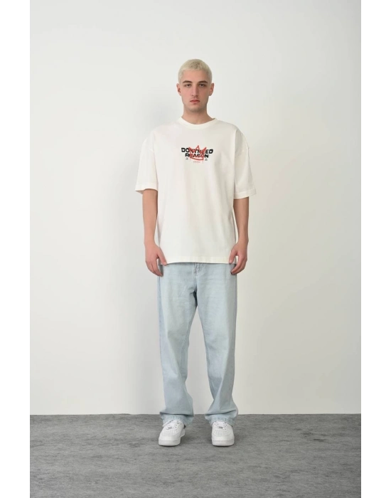 Bisiklet Yaka Baskılı Oversize T-Shirt - Beyaz -