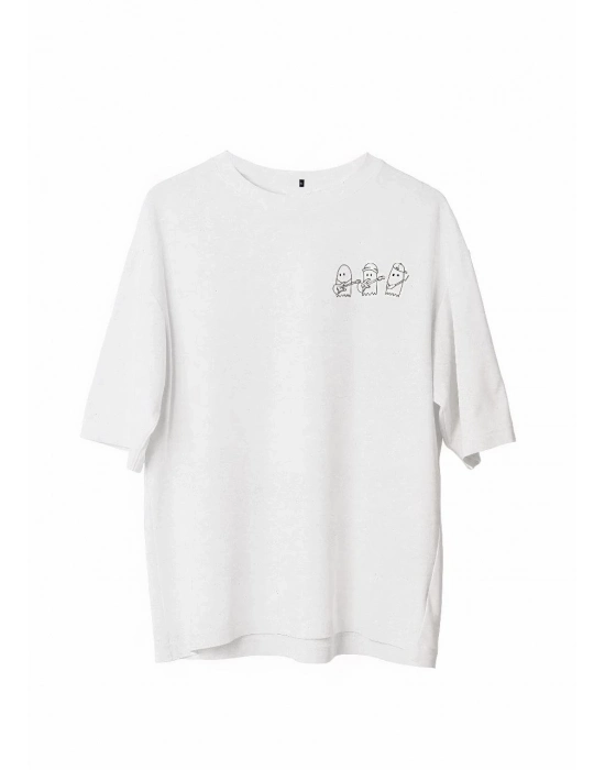 Bisiklet Yaka Baskılı Oversize T-Shirt - Beyaz -