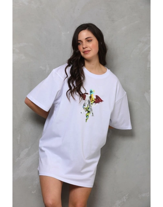 Bisiklet Yaka Baskılı Oversize T-Shirt - Beyaz -