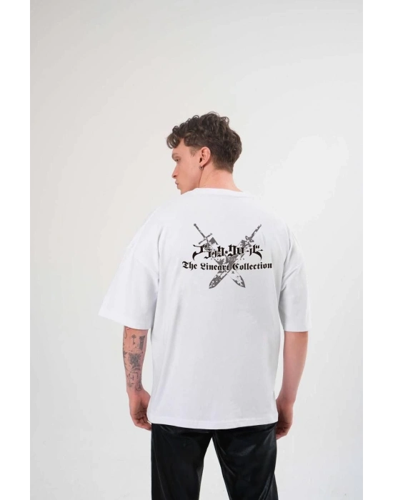 Bisiklet Yaka Baskılı Oversize T-Shirt - Beyaz -