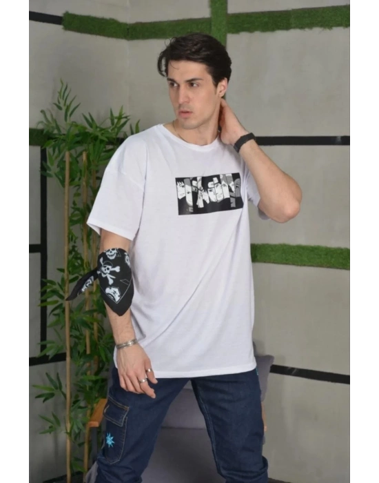 Bisiklet Yaka Baskılı Oversize T-Shirt - Beyaz -