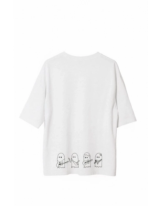 Bisiklet Yaka Baskılı Oversize T-Shirt - Beyaz -