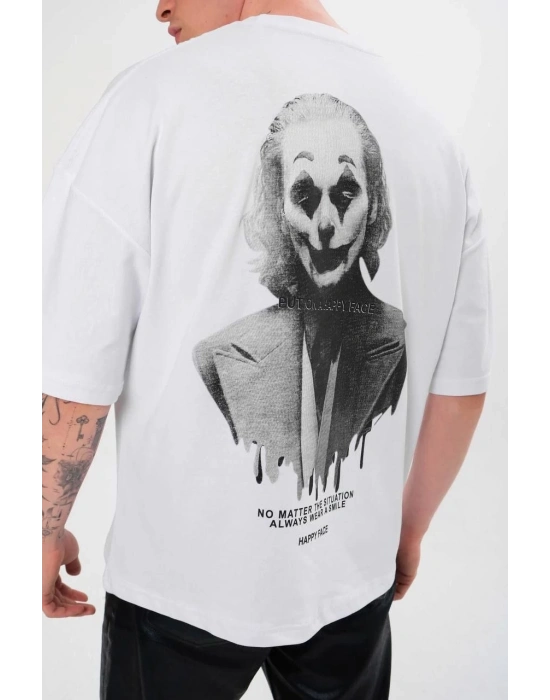 Bisiklet Yaka Baskılı Oversize T-Shirt - Beyaz -