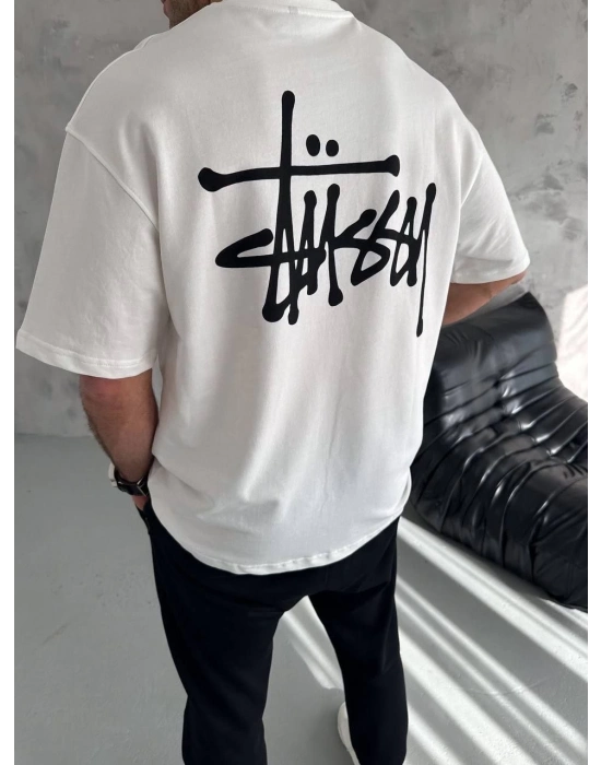 Bisiklet Yaka Baskılı Oversize T-Shirt - Beyaz -