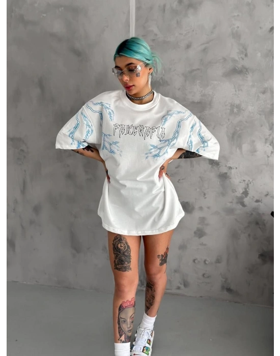 Bisiklet Yaka Baskılı Oversize T-Shirt - Beyaz -