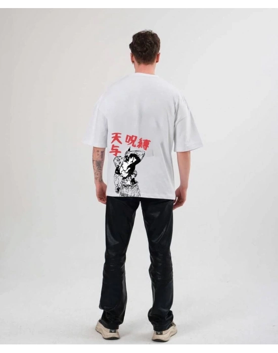 Bisiklet Yaka Baskılı Oversize T-Shirt - Beyaz -