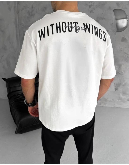 Bisiklet Yaka Baskılı Oversize T-Shirt - Beyaz -