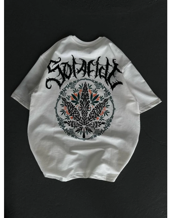 Bisiklet Yaka Baskılı Oversize T-Shirt - Beyaz -