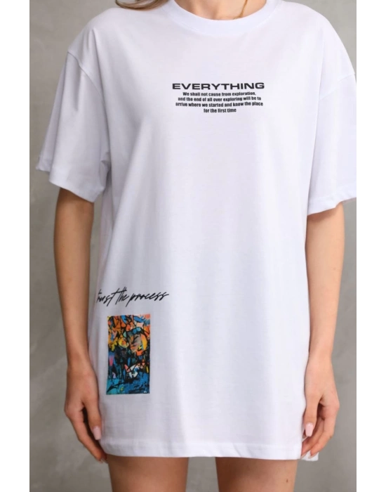 Bisiklet Yaka Baskılı Oversize T-Shirt - Beyaz -