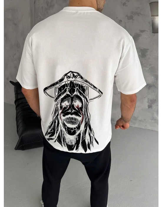 Bisiklet Yaka Baskılı Oversize T-Shirt - Beyaz -