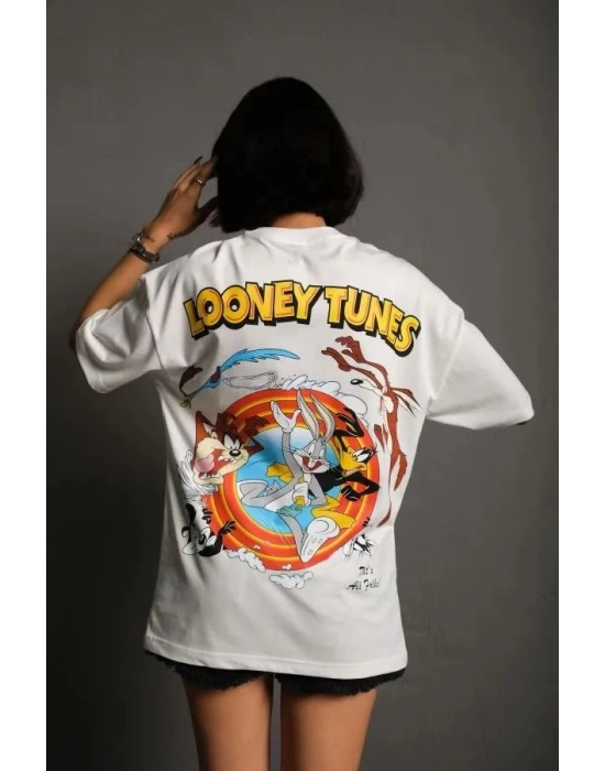 Bisiklet Yaka Baskılı Oversize T-Shirt - Beyaz -