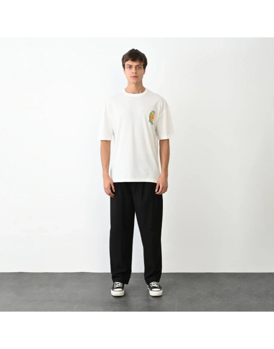 Bisiklet Yaka Baskılı Oversize T-Shirt - Beyaz -