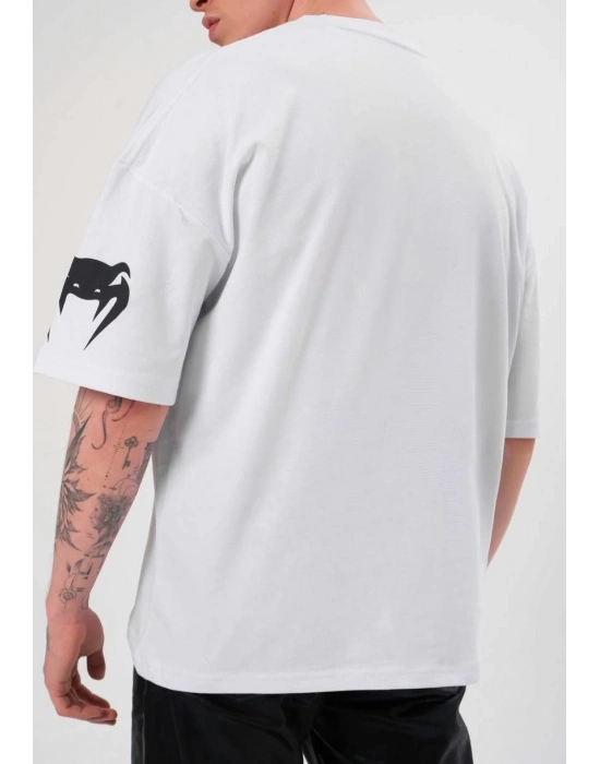 Bisiklet Yaka Baskılı Oversize T-Shirt - Beyaz -