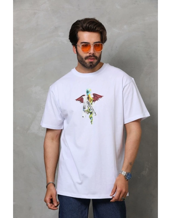 Bisiklet Yaka Baskılı Oversize T-Shirt - Beyaz -