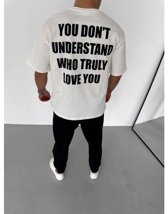 Bisiklet Yaka Baskılı Oversize T-Shirt - Beyaz -