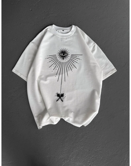 Bisiklet Yaka Baskılı Oversize T-Shirt - Beyaz -