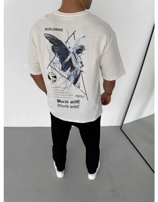 Bisiklet Yaka Baskılı Oversize T-Shirt - Beyaz -