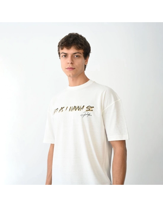 Bisiklet Yaka Baskılı Oversize T-Shirt - Beyaz -