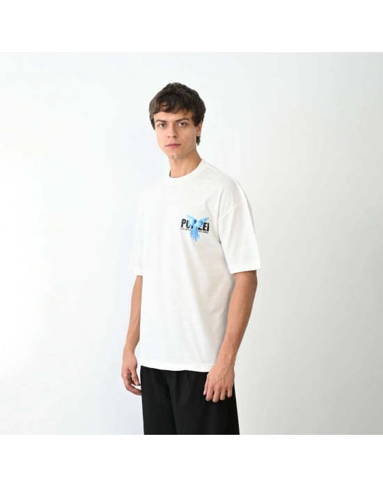 Bisiklet Yaka Baskılı Oversize T-Shirt - Beyaz -