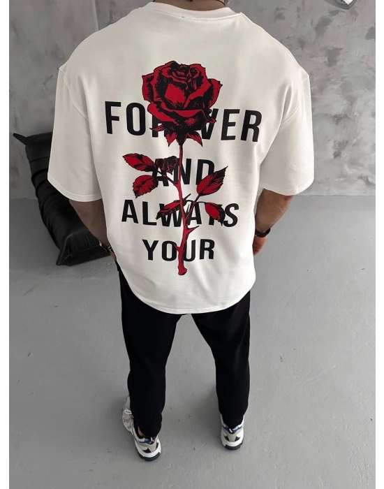 Bisiklet Yaka Baskılı Oversize T-Shirt - Beyaz -