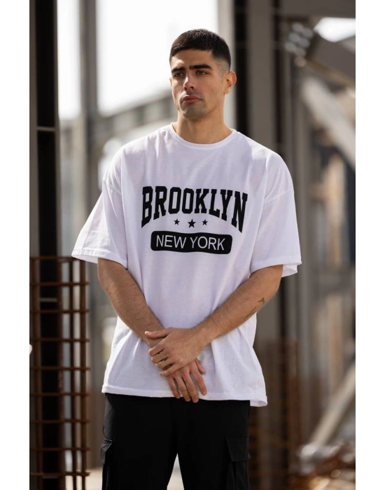 Bisiklet Yaka Baskılı Oversize T-Shirt - Beyaz -