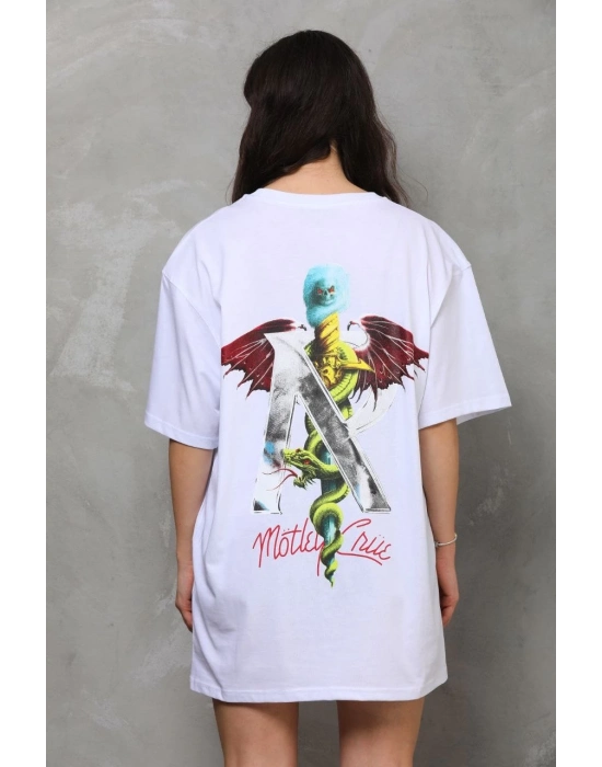 Bisiklet Yaka Baskılı Oversize T-Shirt - Beyaz -