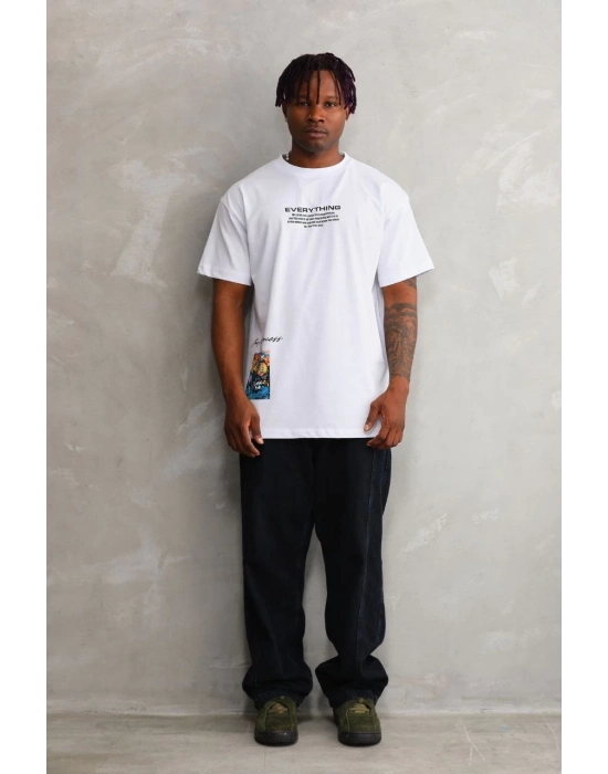 Bisiklet Yaka Baskılı Oversize T-Shirt - Beyaz -