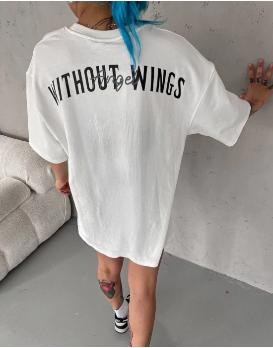 Bisiklet Yaka Baskılı Oversize T-Shirt - Beyaz -