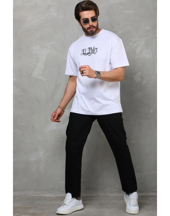 Bisiklet Yaka Baskılı Oversize T-Shirt - Beyaz -