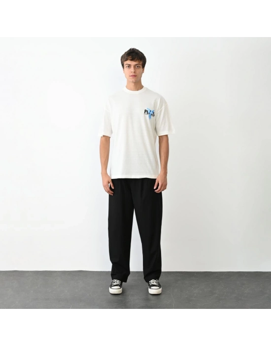 Bisiklet Yaka Baskılı Oversize T-Shirt - Beyaz -