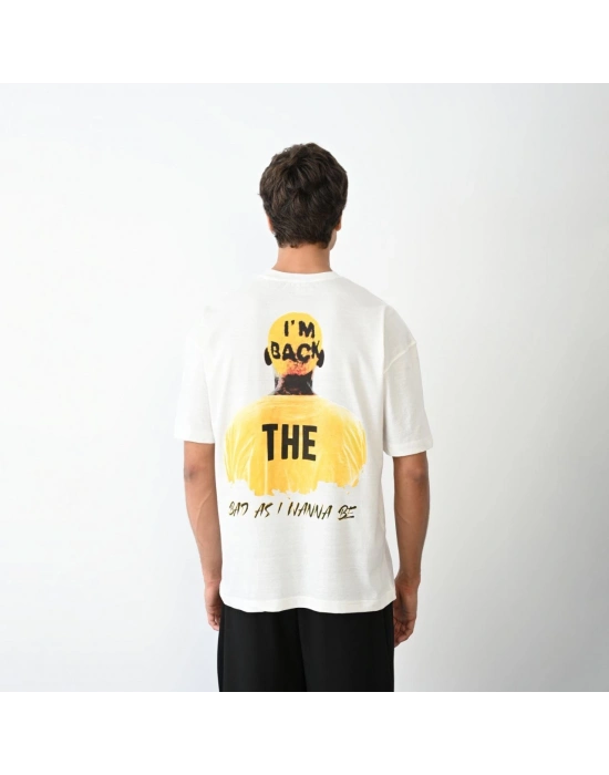 Bisiklet Yaka Baskılı Oversize T-Shirt - Beyaz -