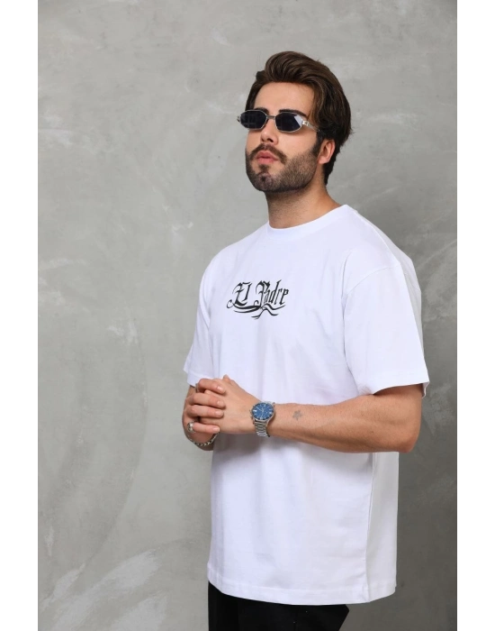 Bisiklet Yaka Baskılı Oversize T-Shirt - Beyaz -