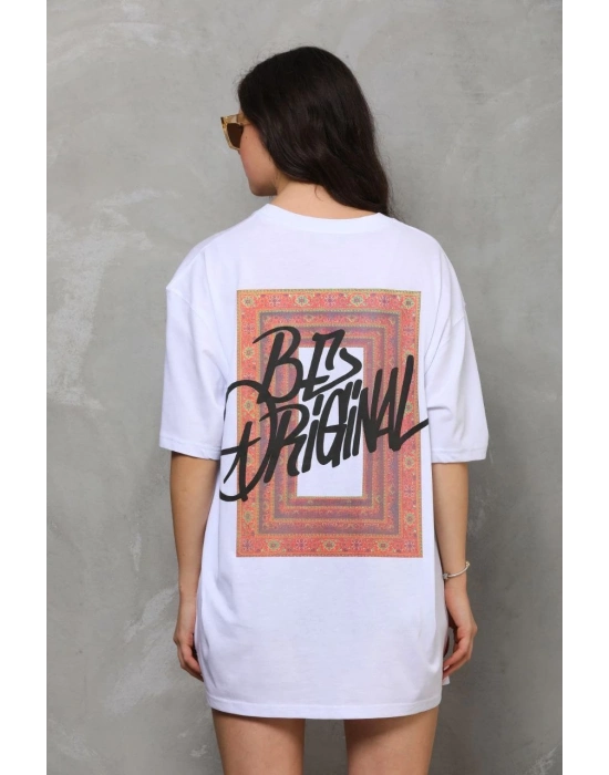 Bisiklet Yaka Baskılı Oversize T-Shirt - Beyaz -