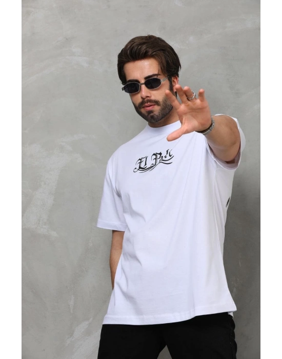 Bisiklet Yaka Baskılı Oversize T-Shirt - Beyaz -