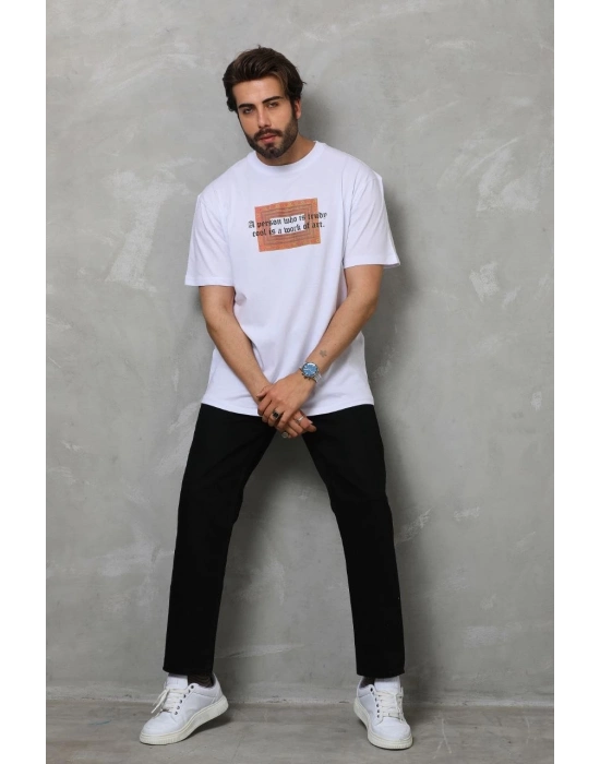 Bisiklet Yaka Baskılı Oversize T-Shirt - Beyaz -