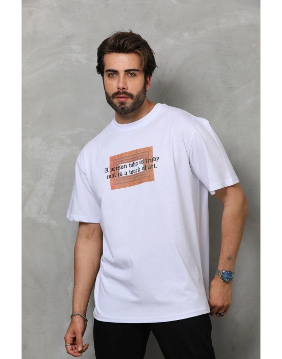Bisiklet Yaka Baskılı Oversize T-Shirt - Beyaz -