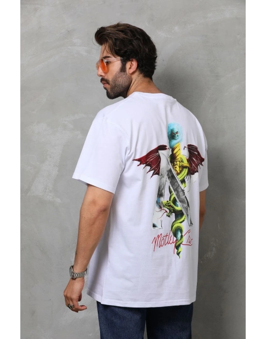 Bisiklet Yaka Baskılı Oversize T-Shirt - Beyaz -