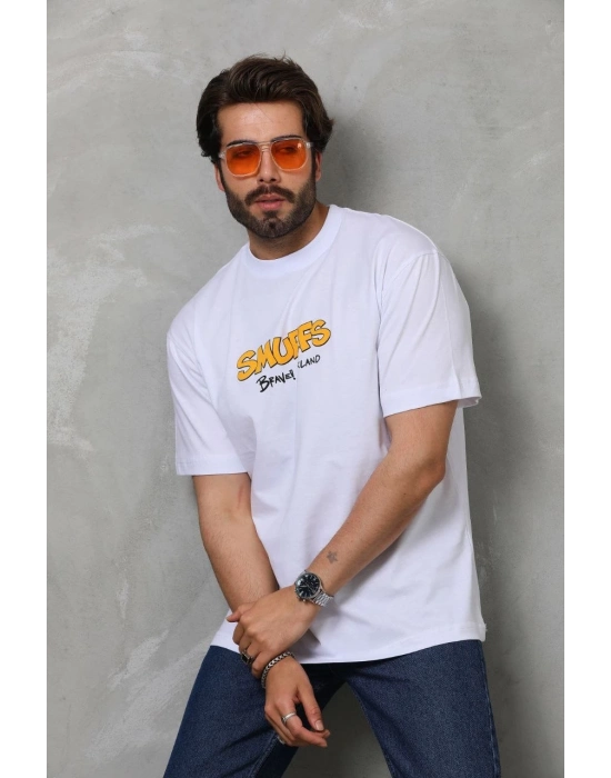 Bisiklet Yaka Baskılı Oversize T-Shirt - Beyaz -