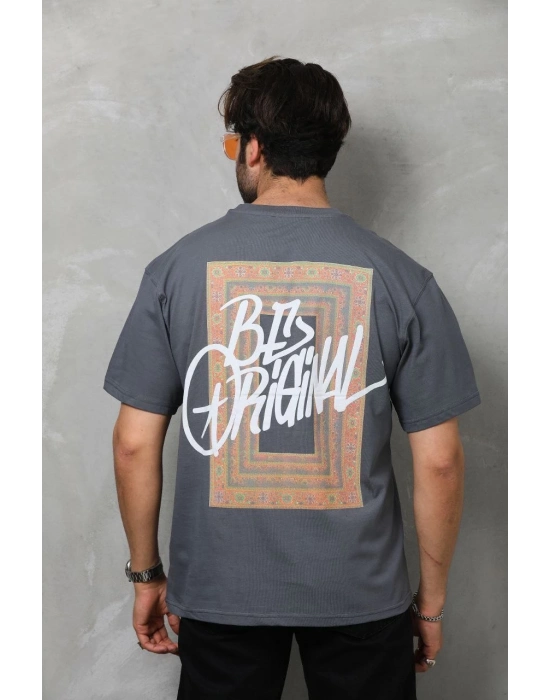 Bisiklet Yaka Baskılı Oversize T-Shirt - Füme -