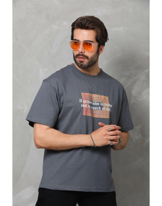 Bisiklet Yaka Baskılı Oversize T-Shirt - Füme -