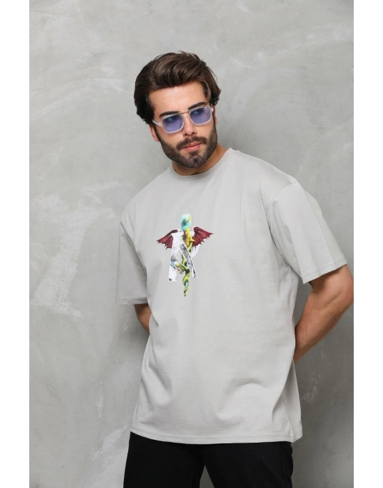 Bisiklet Yaka Baskılı Oversize T-Shirt - Gri -