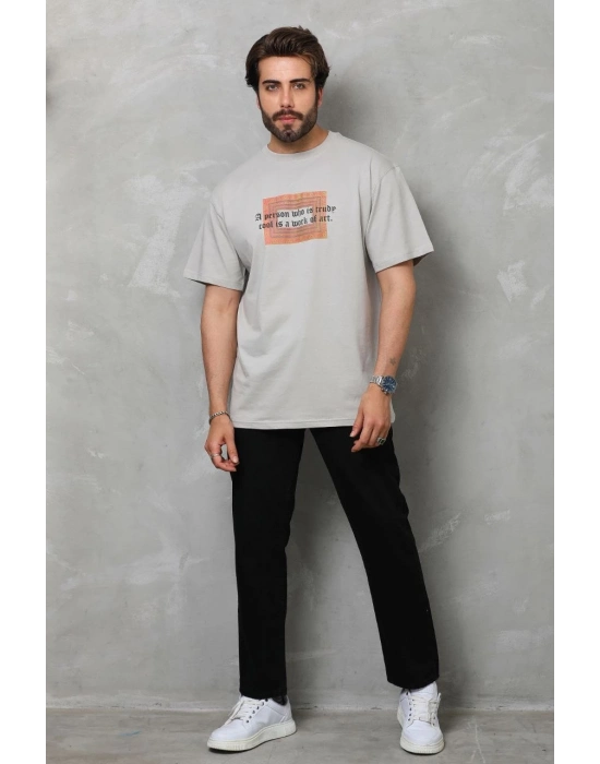 Bisiklet Yaka Baskılı Oversize T-Shirt - Gri -