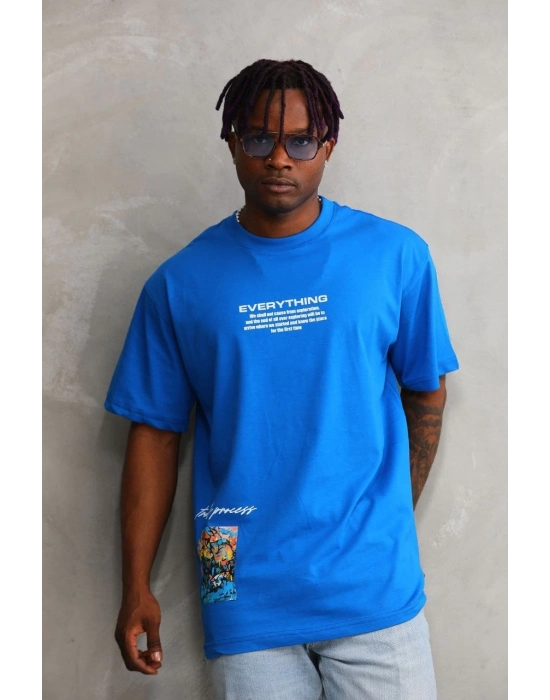 Bisiklet Yaka Baskılı Oversize T-Shirt - Mavi -