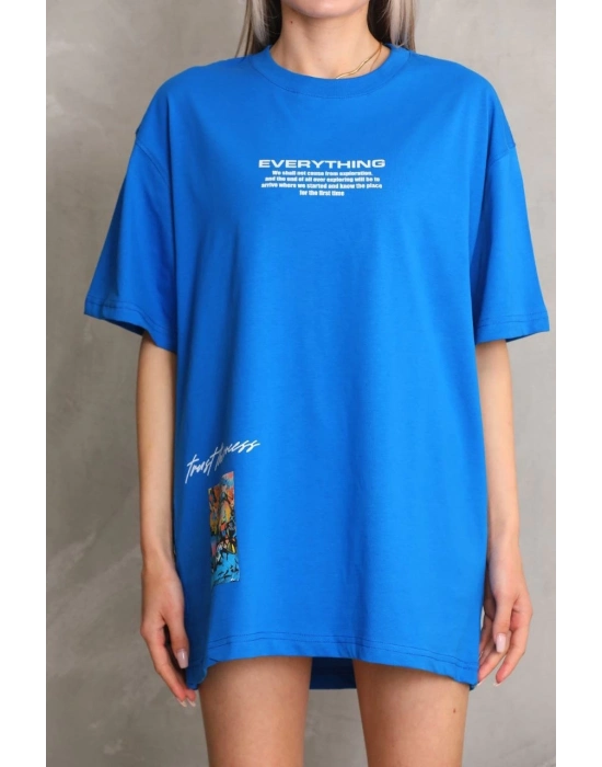 Bisiklet Yaka Baskılı Oversize T-Shirt - Mavi -